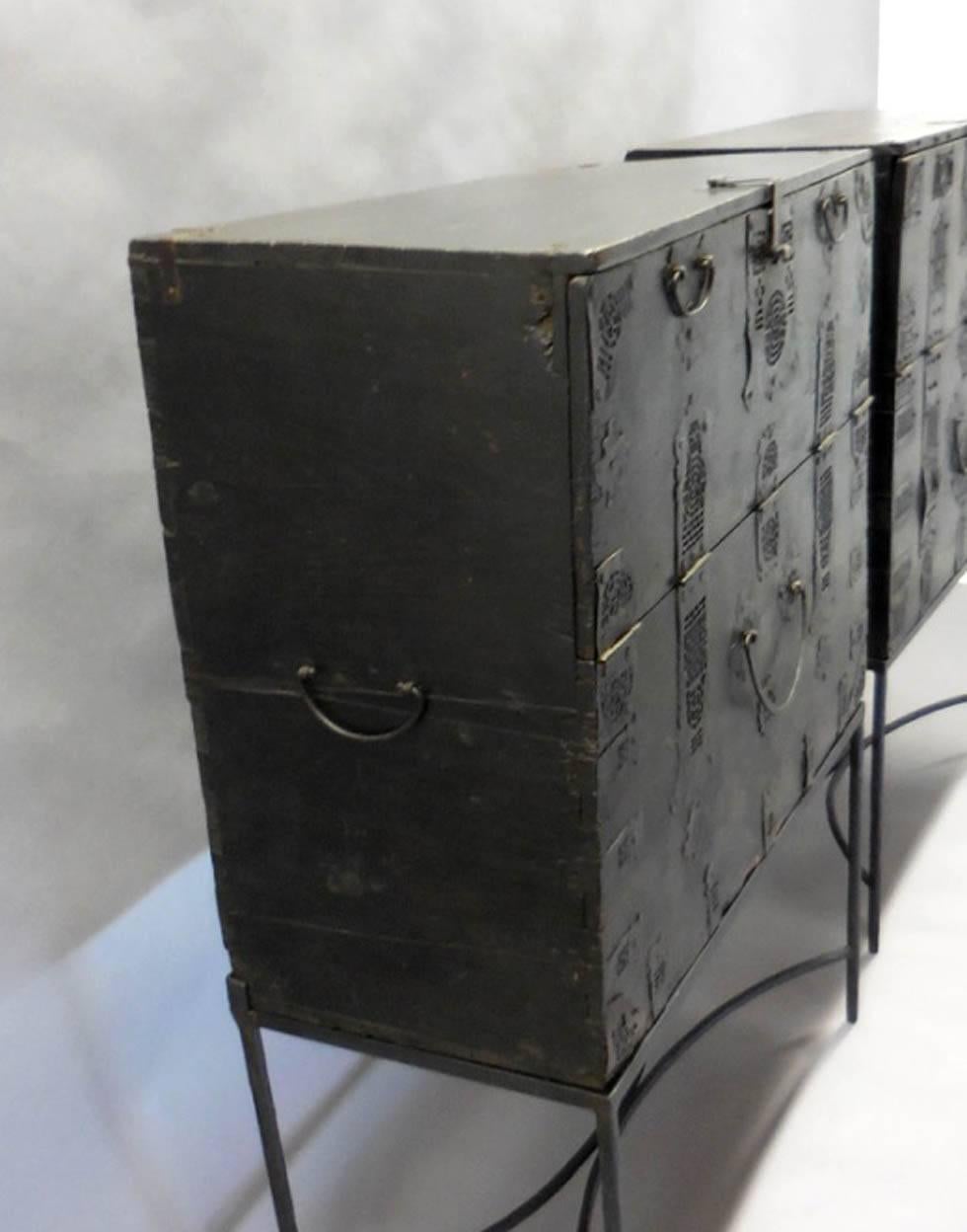 Hand-Crafted Pair 18th Century Tall Korean Chests on Iron Bases