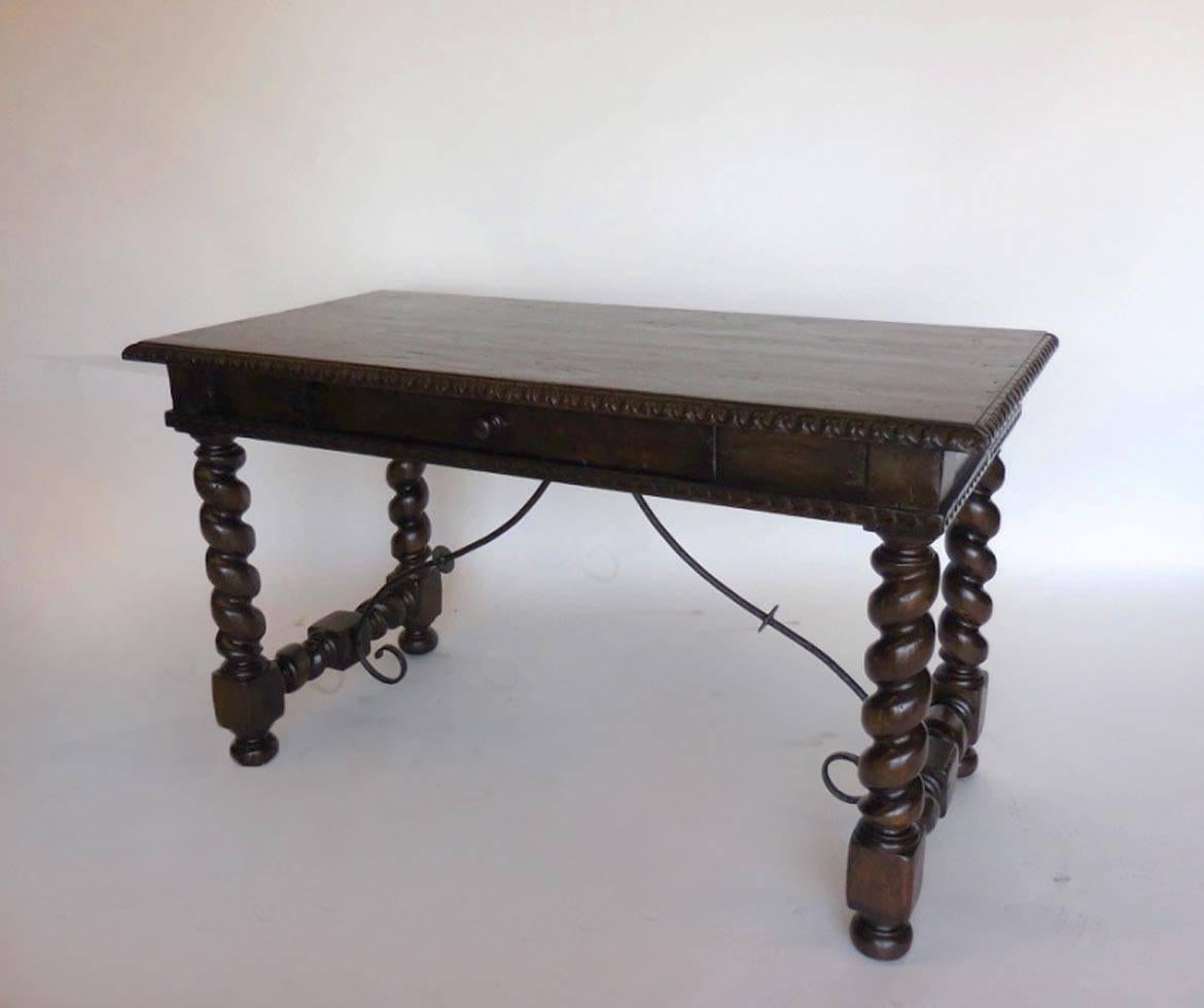 Walnut Dos Gallos Custom Barley Twist Writing Desk With Carved Detail and Iron Support