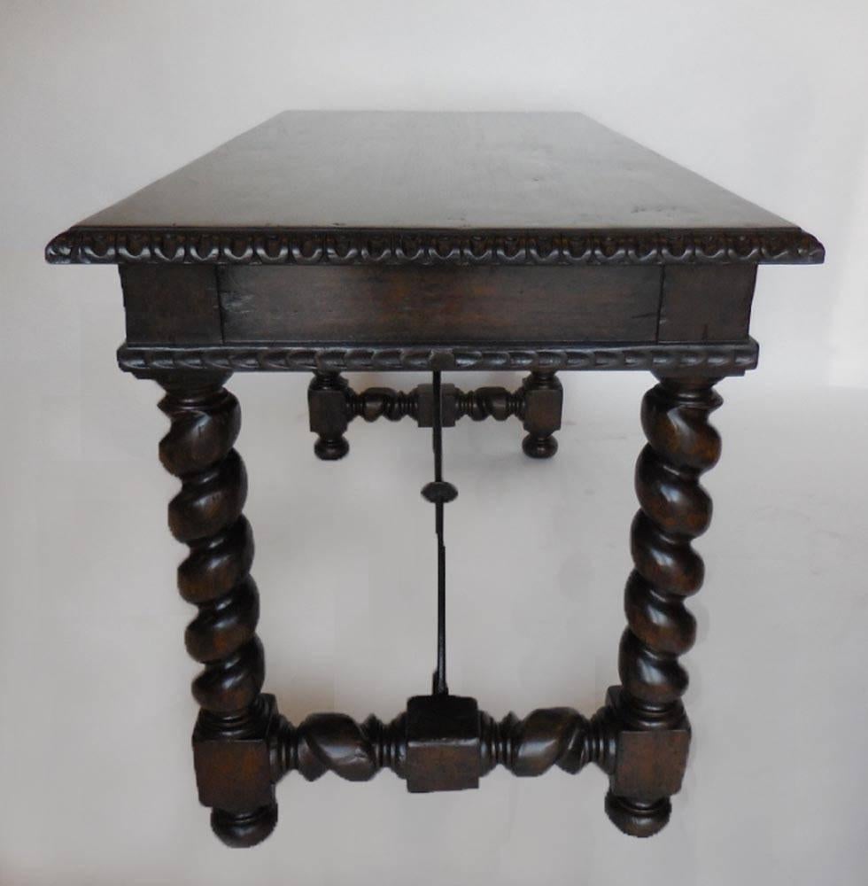 Spanish Colonial Dos Gallos Custom Barley Twist Writing Desk With Carved Detail and Iron Support