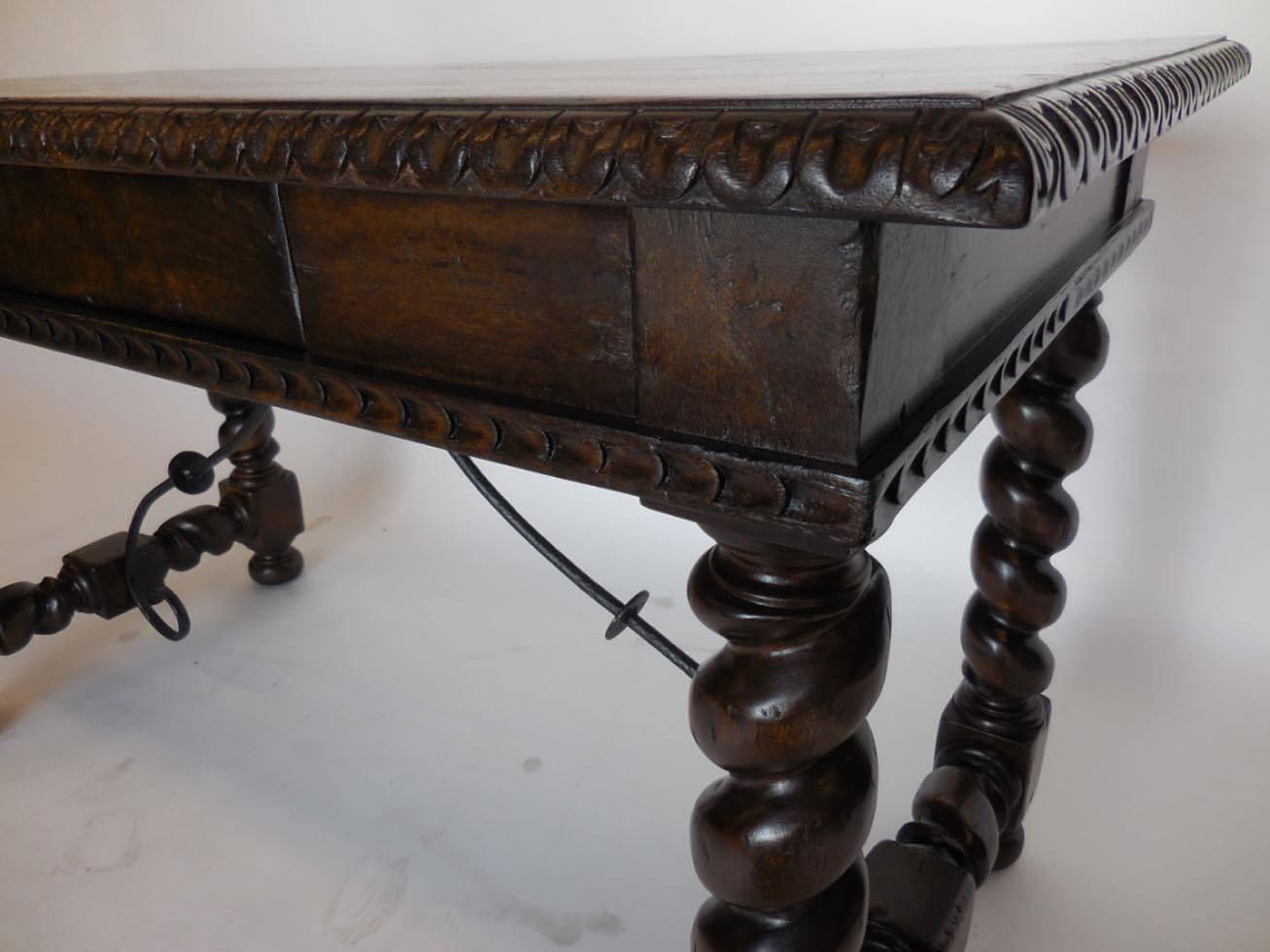American Dos Gallos Custom Barley Twist Writing Desk With Carved Detail and Iron Support
