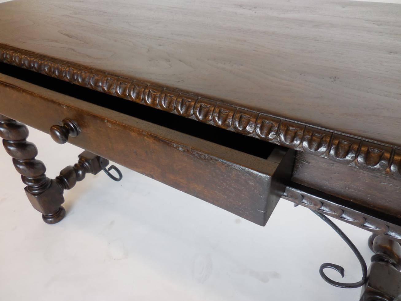 Contemporary Dos Gallos Custom Barley Twist Writing Desk With Carved Detail and Iron Support