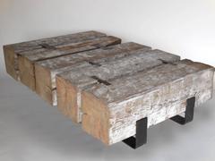 Rustic Modern Reclaimed Wood Beam Cocktail Table with Iron