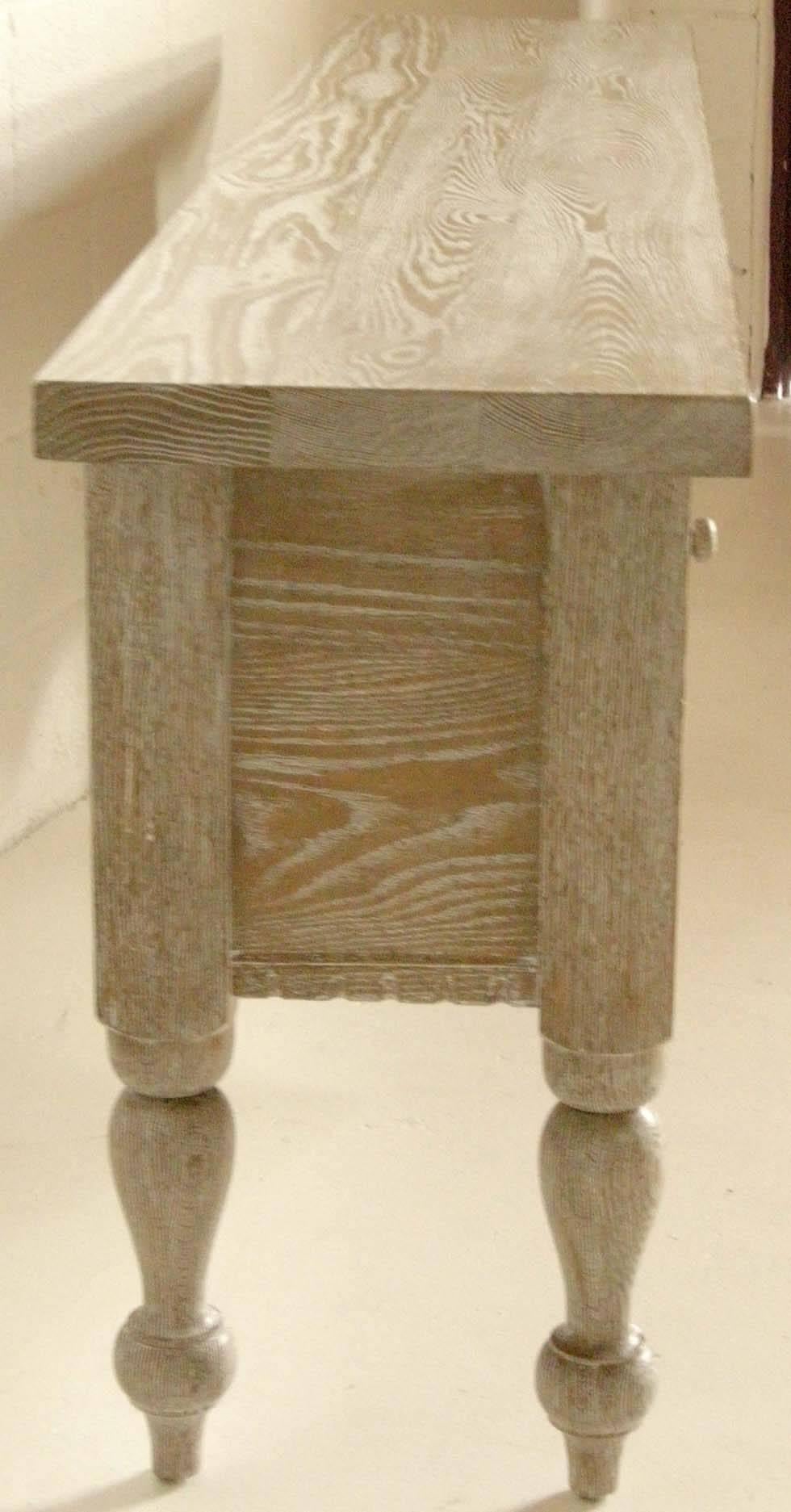 American Dos Gallos Custom Ceruse Oak Wood Carved Console With Turned Legs and Drawers For Sale