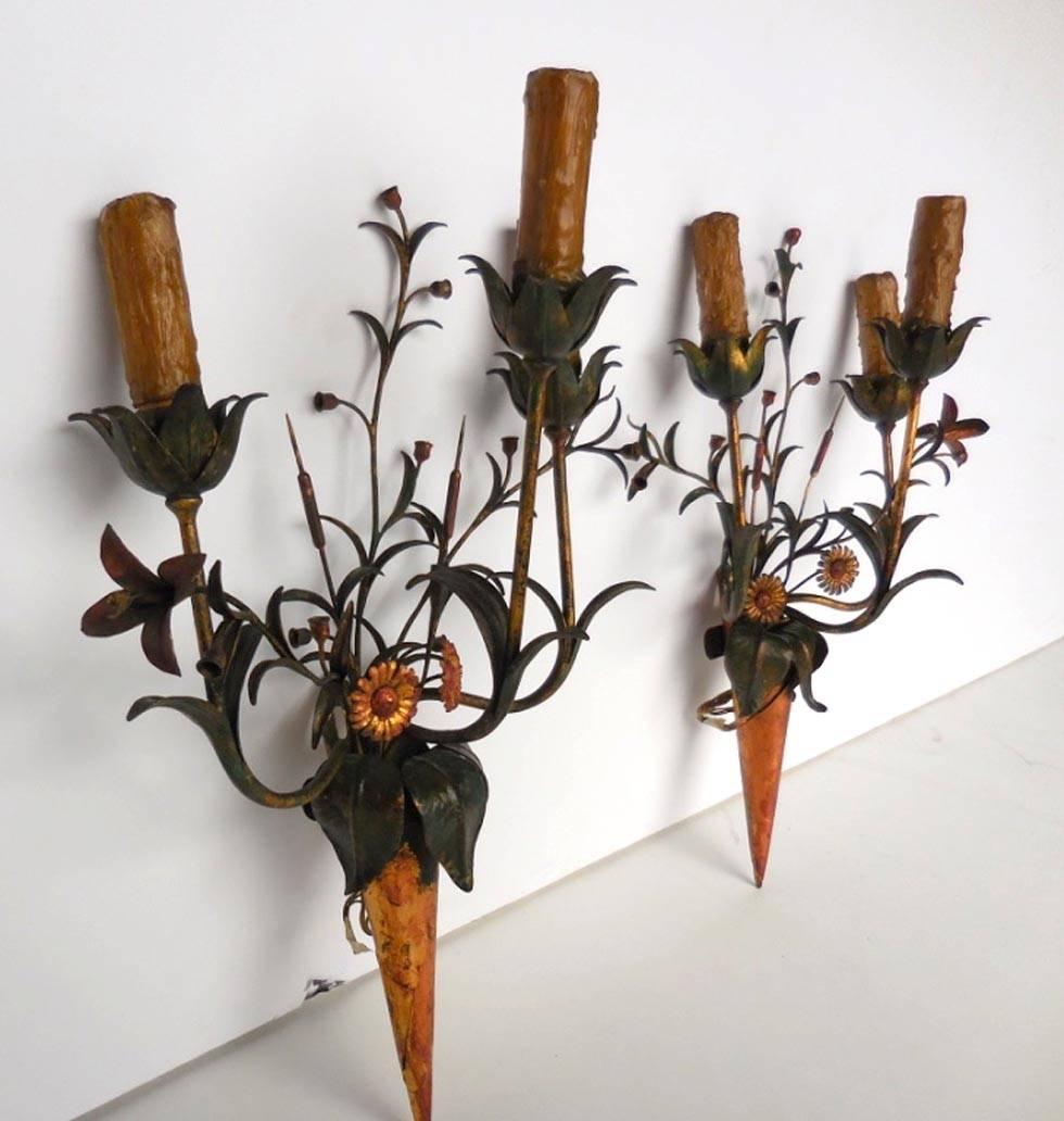 Daintly, Floral Painted Mid-20th Century Sconces 2