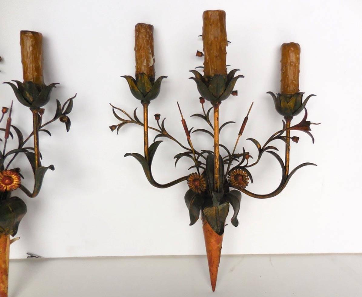 Spanish Daintly, Floral Painted Mid-20th Century Sconces