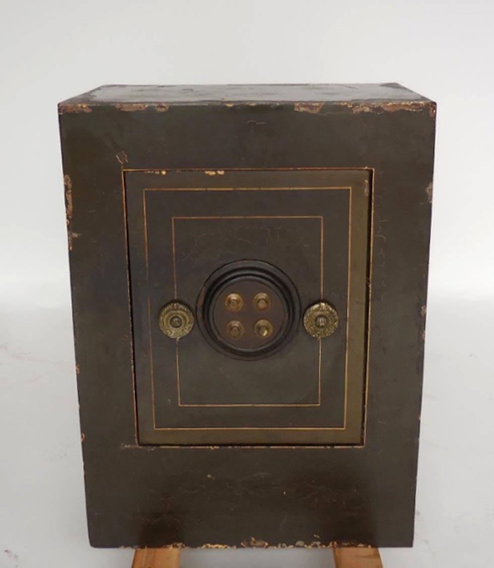 Late 19th century Spanish safe, fully functioning, with all keys available, combination lock functions. Old paint, with some paint loss.
Heavy steel construction, interior drawer. Size is perfect to use as a side table or nightstand or storing your