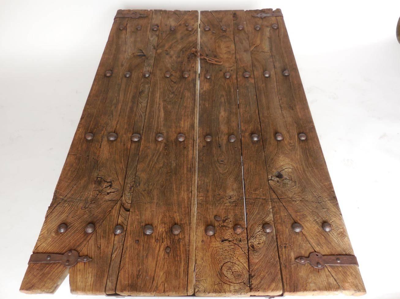 Rustic Early Japanese Elm  Door Coffee Table with Iron Nails on Custom Base