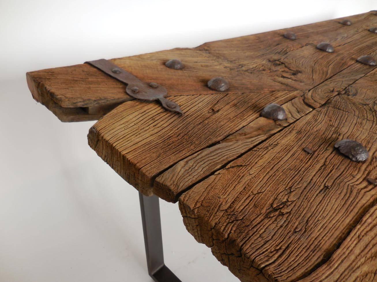 Early Japanese Elm  Door Coffee Table with Iron Nails on Custom Base In Good Condition In Los Angeles, CA