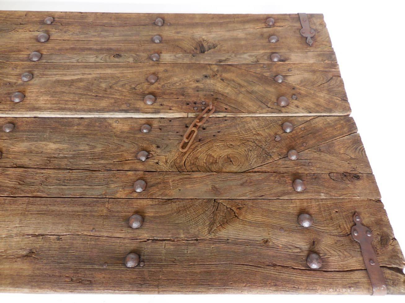 19th Century Early Japanese Elm  Door Coffee Table with Iron Nails on Custom Base