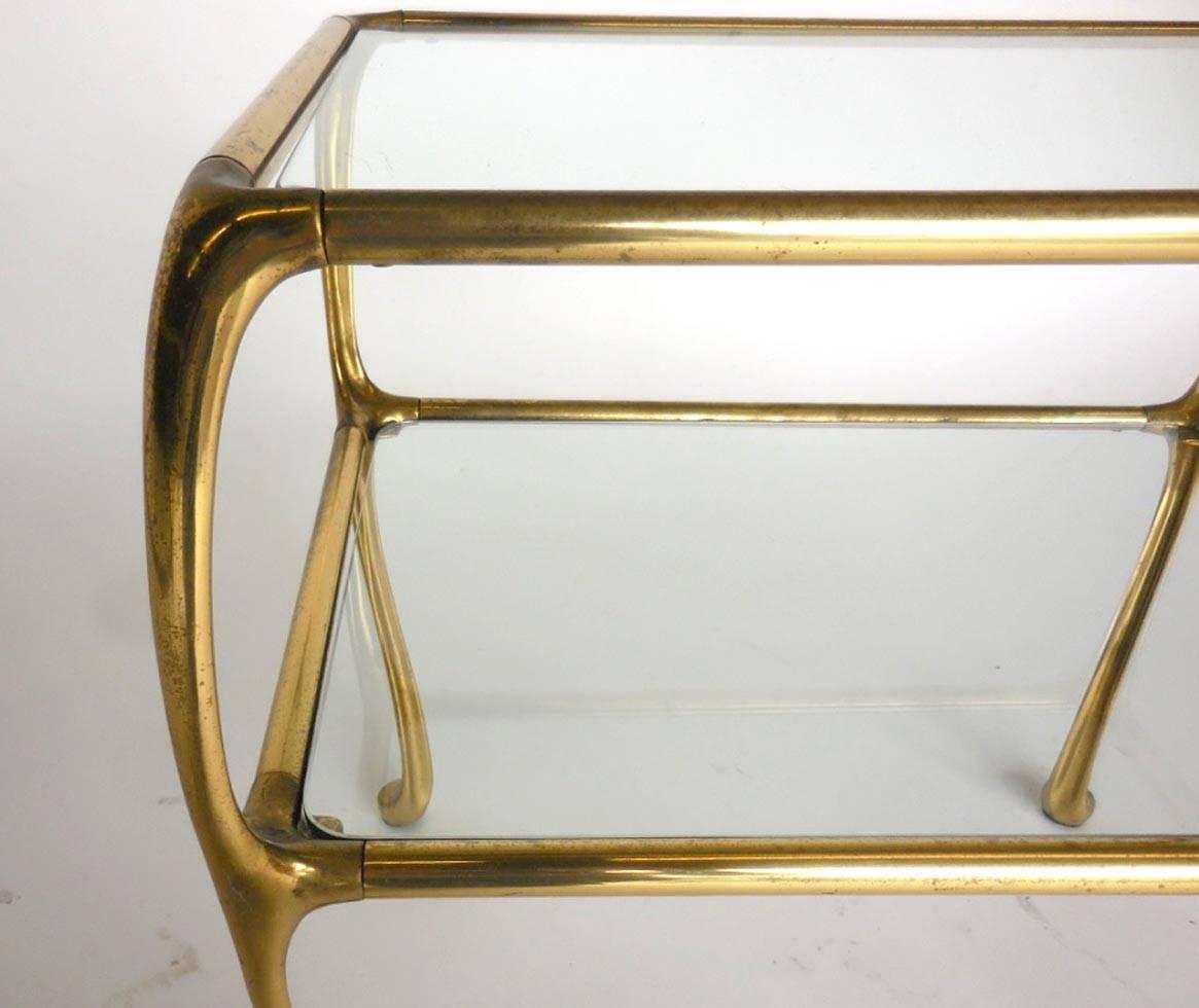 Argentine Pair of Argentinian Side Tables in Brass with Glass Top and Shelf