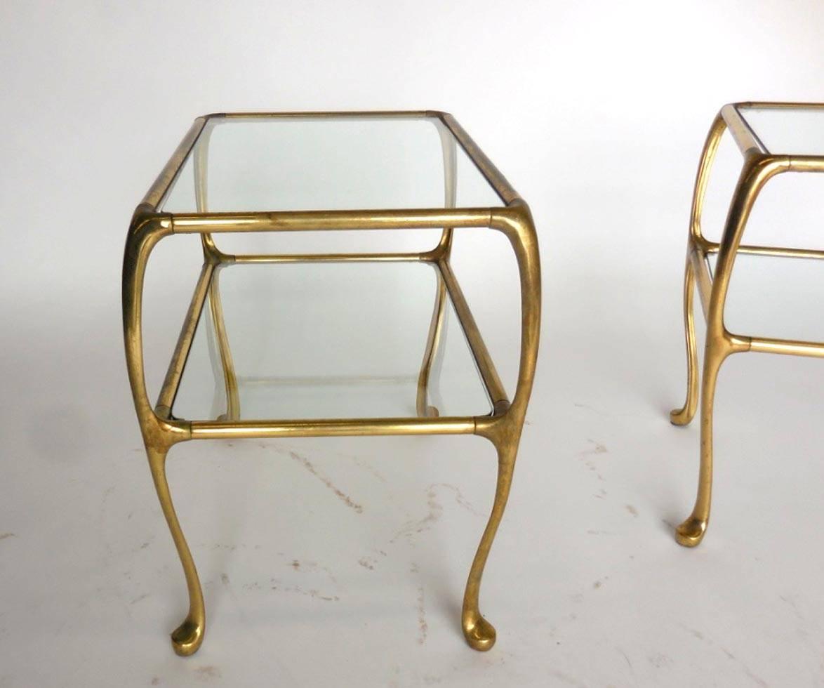 Mid-Century Modern Pair of Argentinian Side Tables in Brass with Glass Top and Shelf