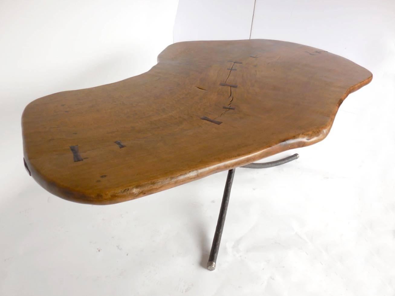 20th Century Primitive Modern Freeform Table  with Iron and Pewter Hand Forged Base Base