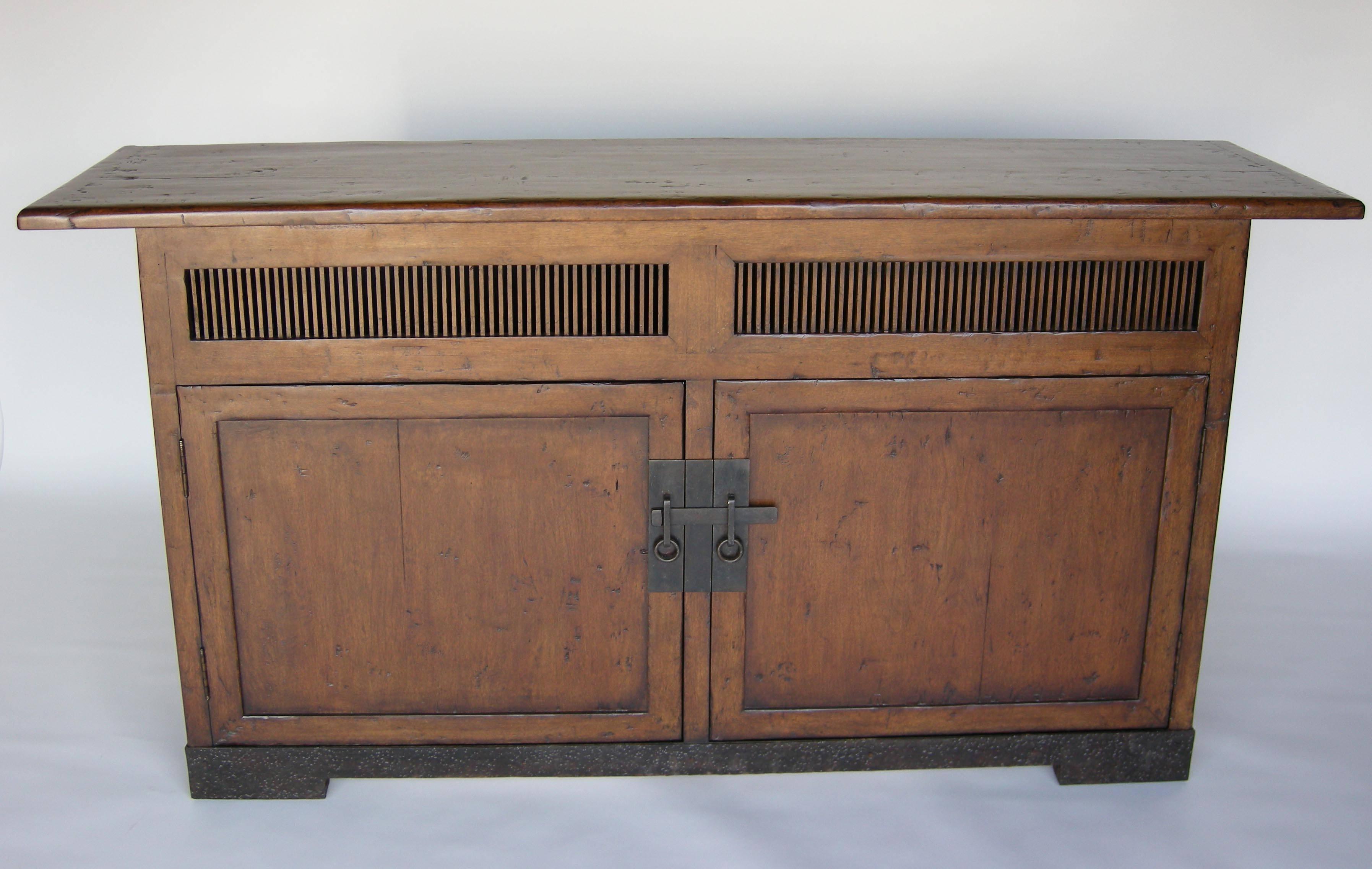 Anglo-Japanese Dos Gallos Custom Walnut Wood Media Console on Iron Base For Sale