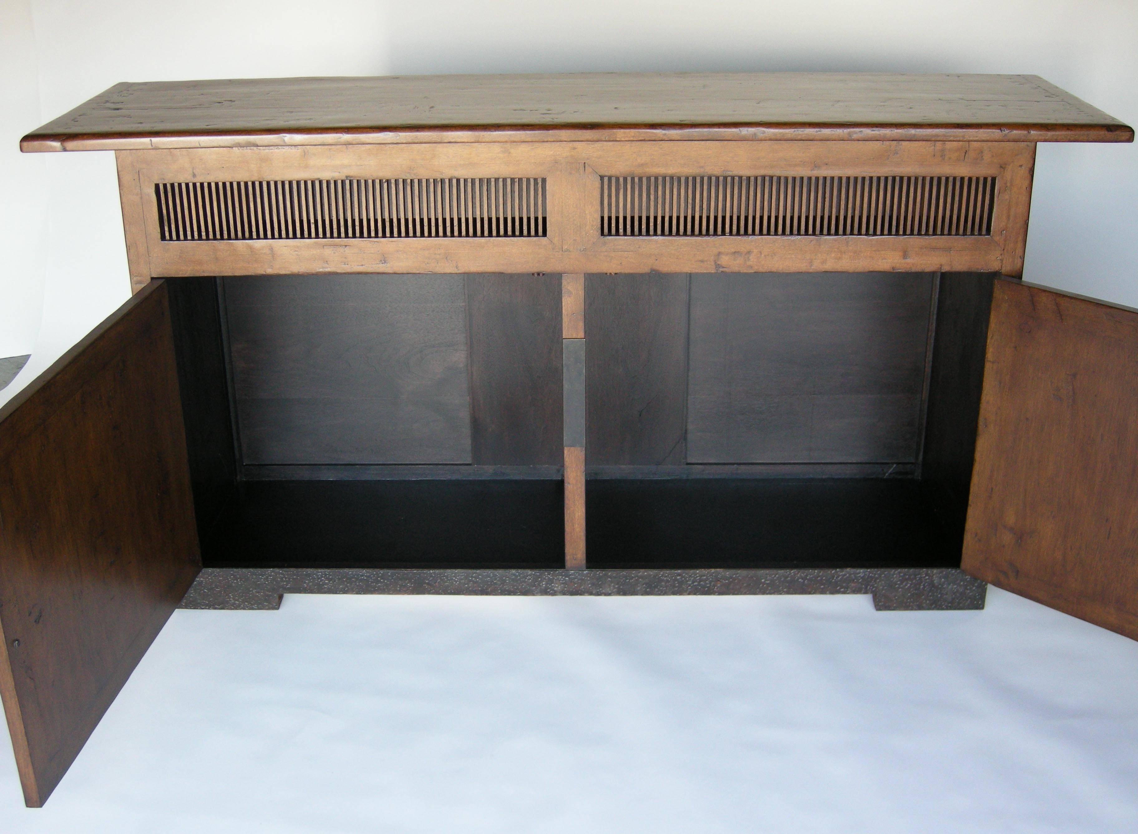 Dos Gallos Custom Walnut Wood Media Console on Iron Base In Excellent Condition For Sale In Los Angeles, CA