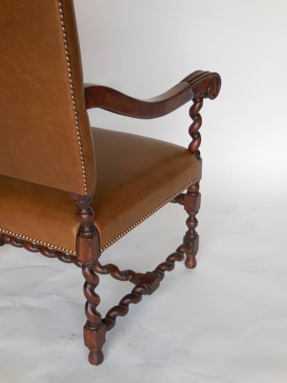 Our Custom Occasional chair in walnut with barley twist legs and stretchers. Beautifully carved scrolled arms. As shown in COL and nail heads. Can be made in any finish, in solid Walnut or Mahogany. Made in Los Angeles by Dos Gallos Studio. PRICES