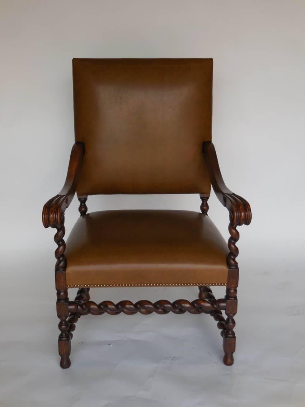 Baroque Dos Gallos Custom Walnut and Leather Spiral Twist Armchair with Scrolled Arms For Sale