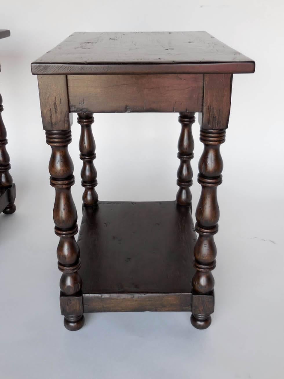 Spanish Colonial Dos Gallos Custom Side Tables/Nightstands with Turned Legs, Drawer and Shelv For Sale