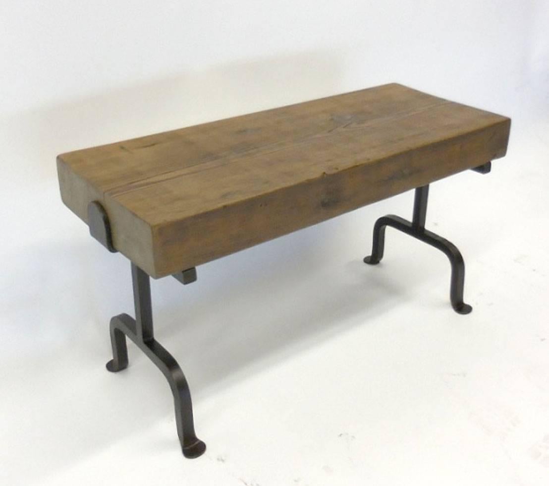 Reclaimed Douglas fir bench with iron base.
Natural distress of reclaimed wood. Can be made in any size and in a variety of finishes. Made in Los Angeles by Dos Gallos Studio.
 