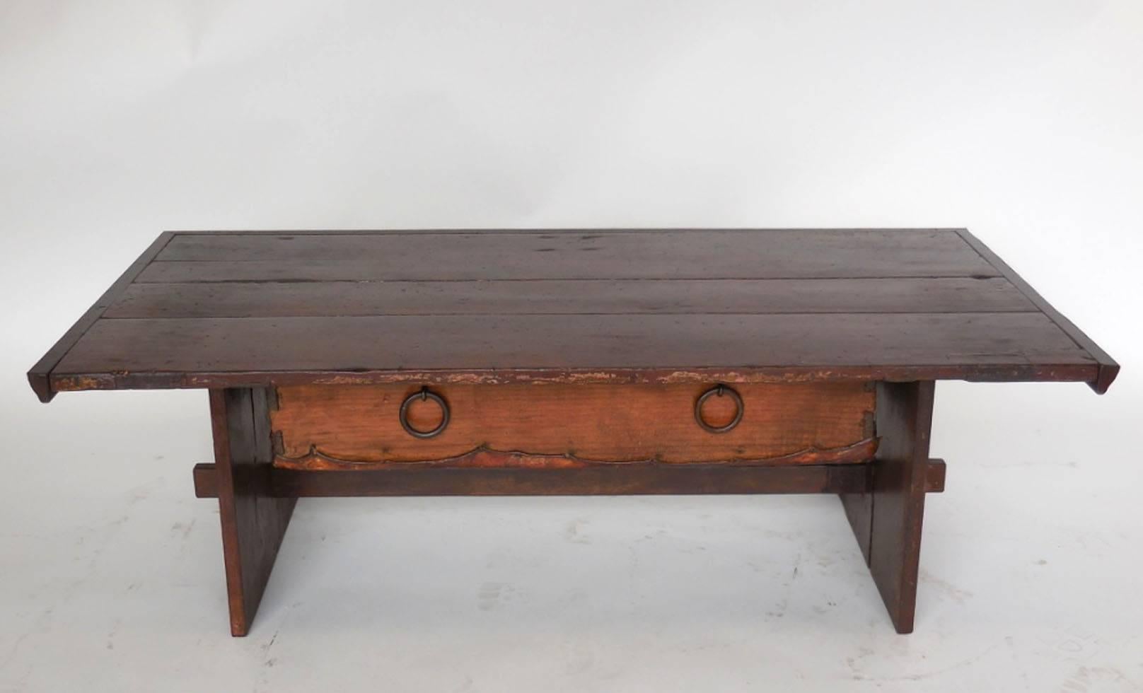 Rustic Coffee Table with Leather Bottom Drawer 1