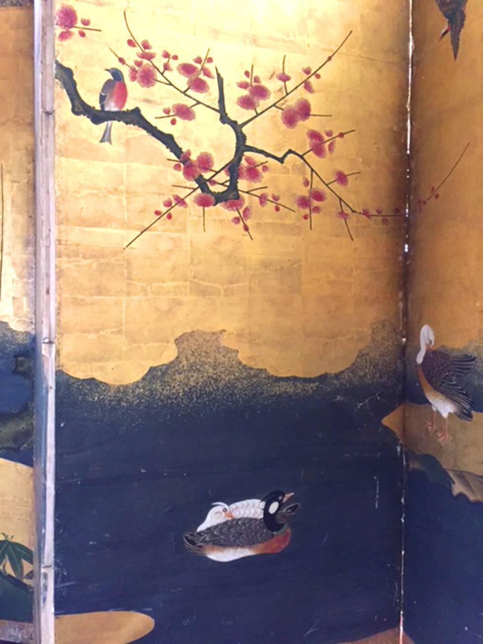 18th Century Antique Japanese Gold Leaf Screen with Blossoms and Birds