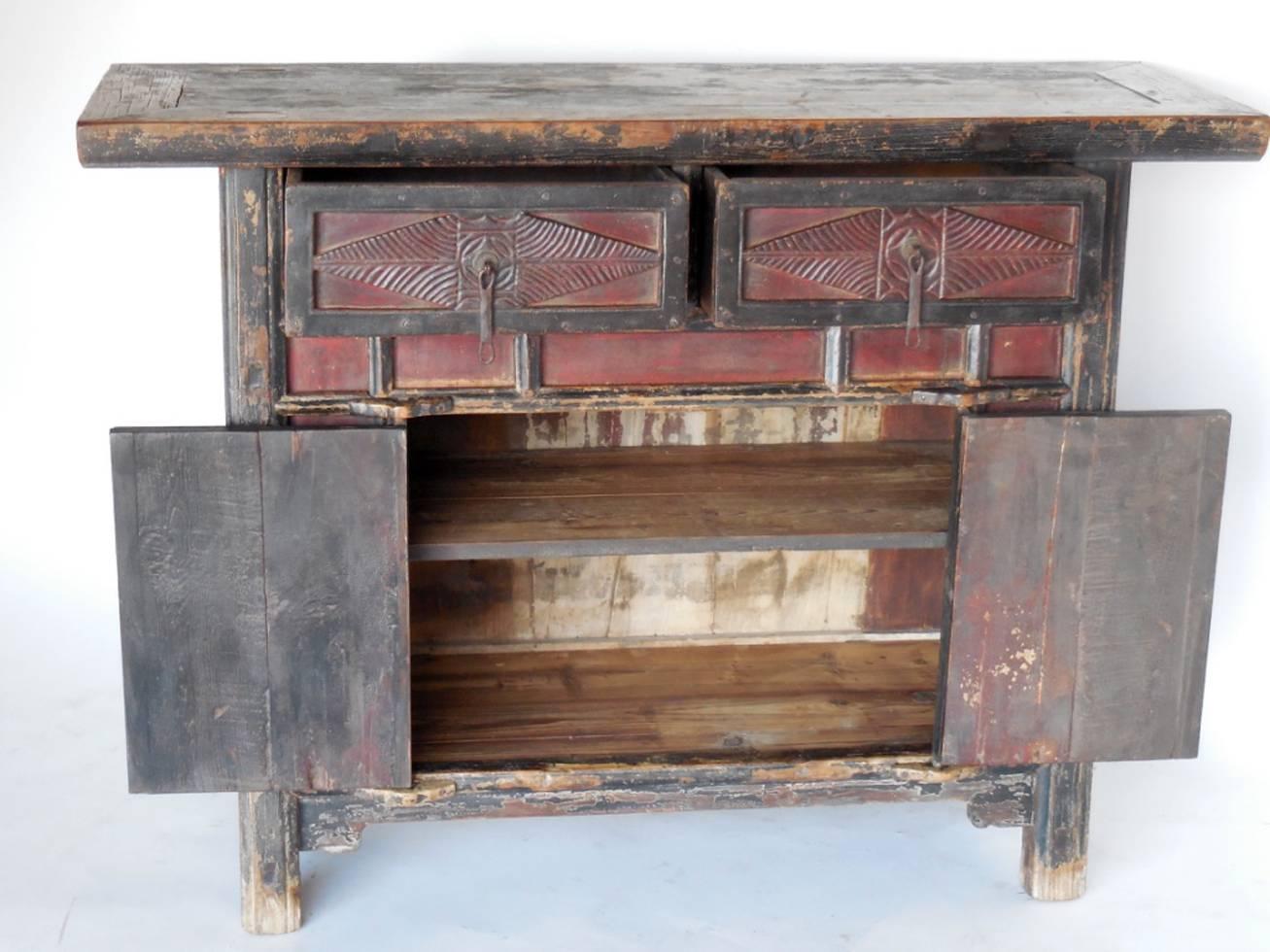 Qing 18th Century Antique Chinese Red and Black Painted Cabinet