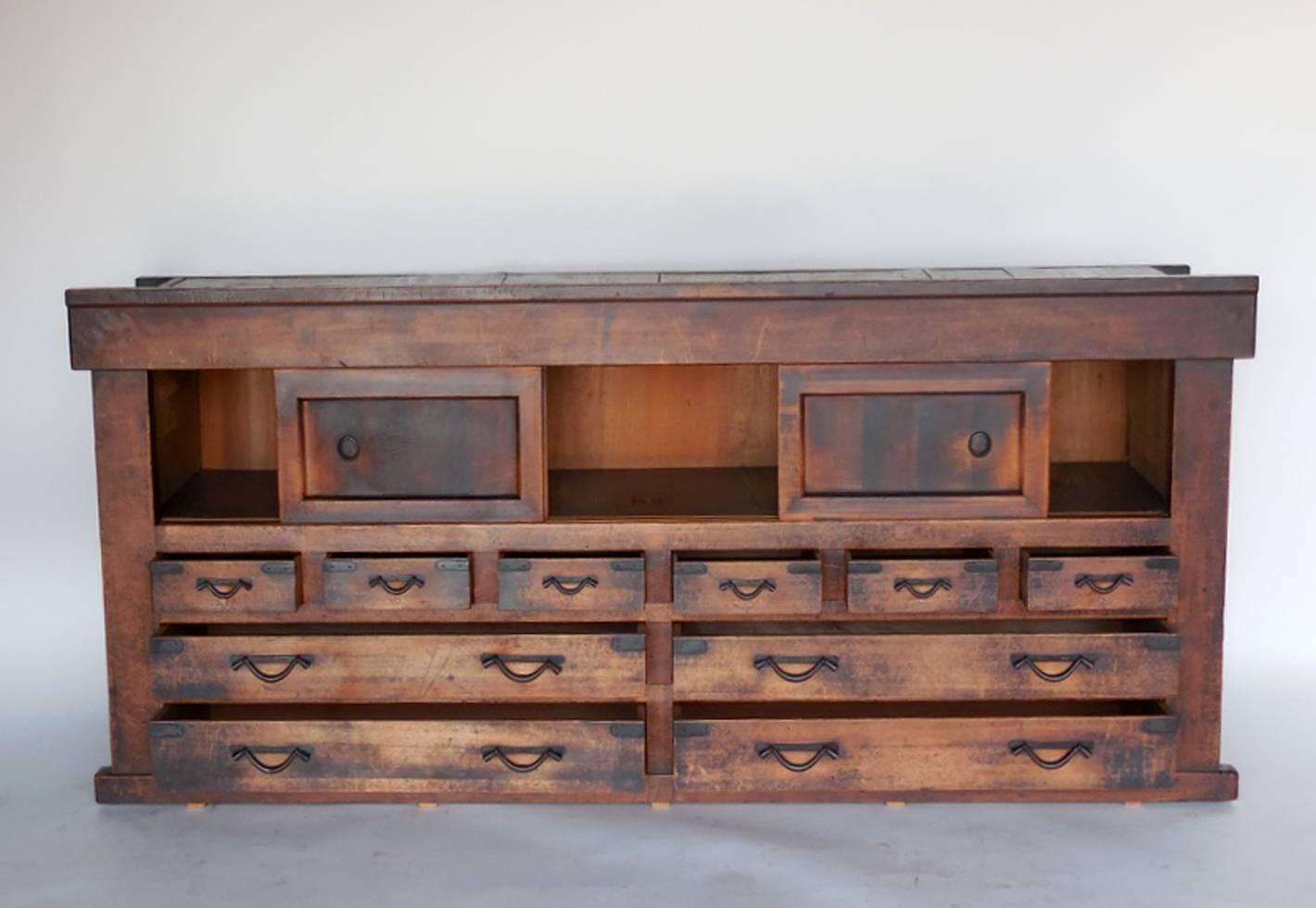 Edo 19th Century Japanese Cabinet with Drawers and Sliding Doors