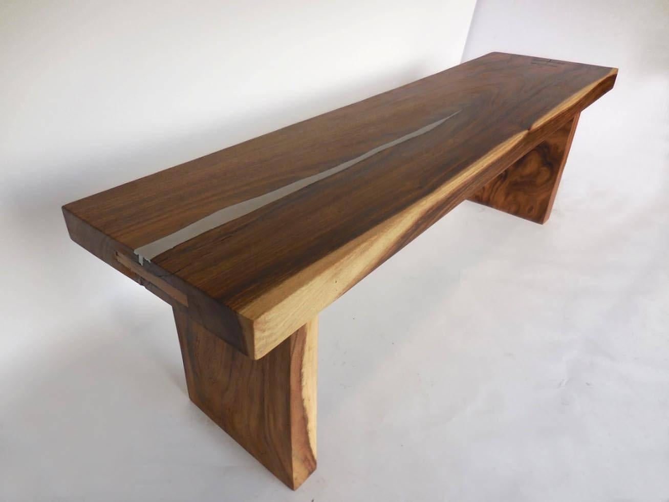 Contemporary Organic Modern Wood Slab Console Table with Pewter Inlay