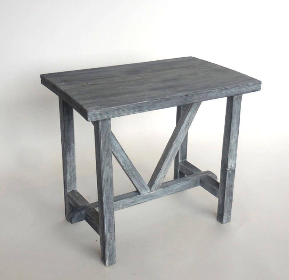 Reclaimed douglas fir side or end table in a grey ceruse finish. Can be made in any size in a variety of finishes. Made in Los Angeles by Dos Gallos Studio.
PRICES ARE SUBJECT TO CHANGE. PLEASE INQUIRE BEFORE PLACING AN ORDER. CUSTOM ORDERS ARE NON