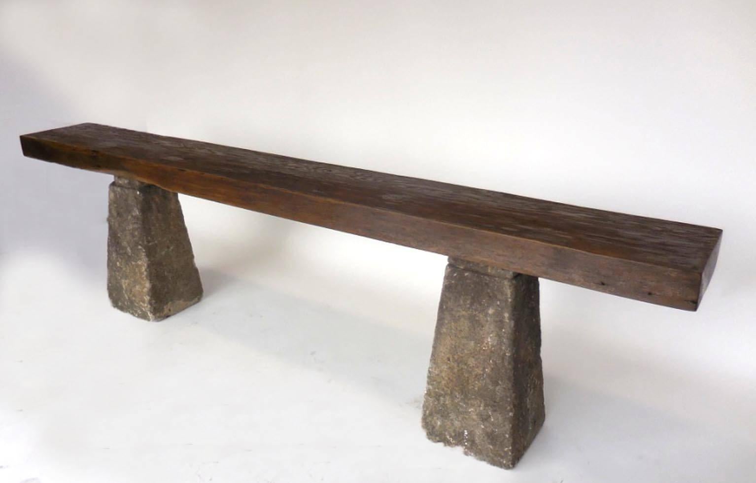 19th Century Primitive Modern Reclaimed Wood Console with Antique Stone Bases