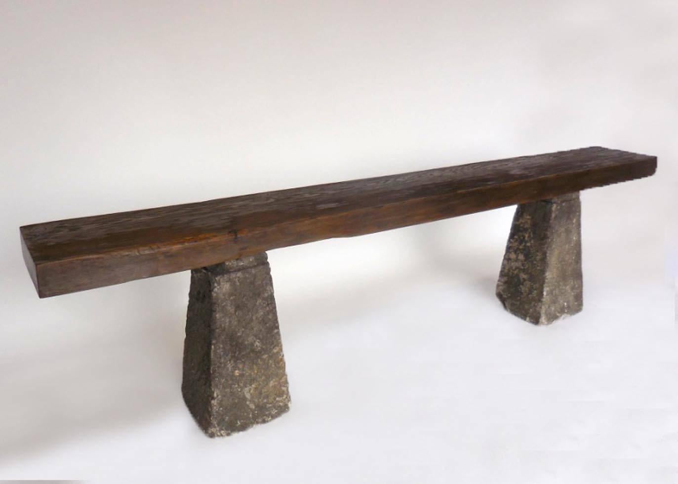Organic Modern Primitive Modern Reclaimed Wood Console with Antique Stone Bases