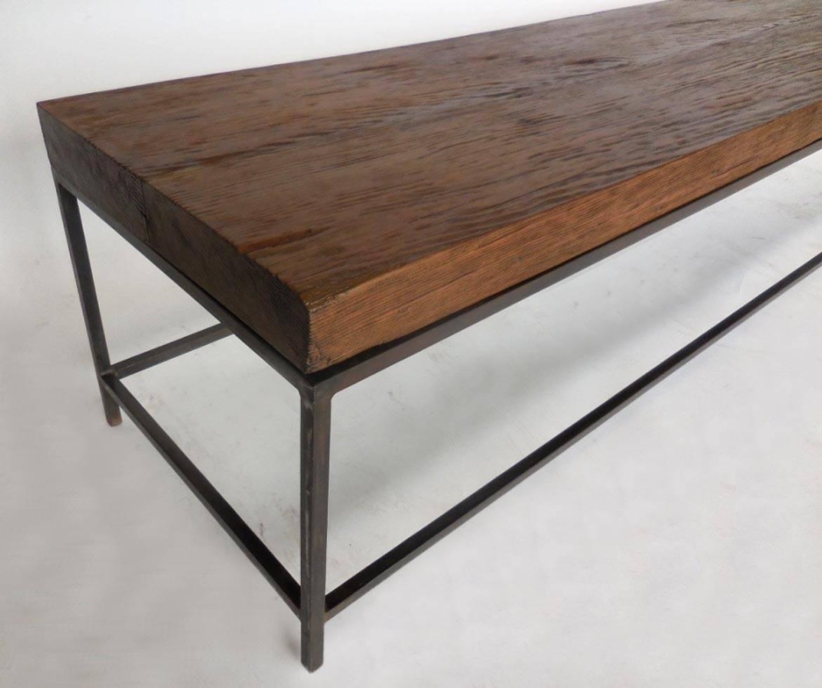Dos Gallos Reclaimed Wood Modern Clean Line Coffee Table or Bench with Iron Base In Good Condition In Los Angeles, CA
