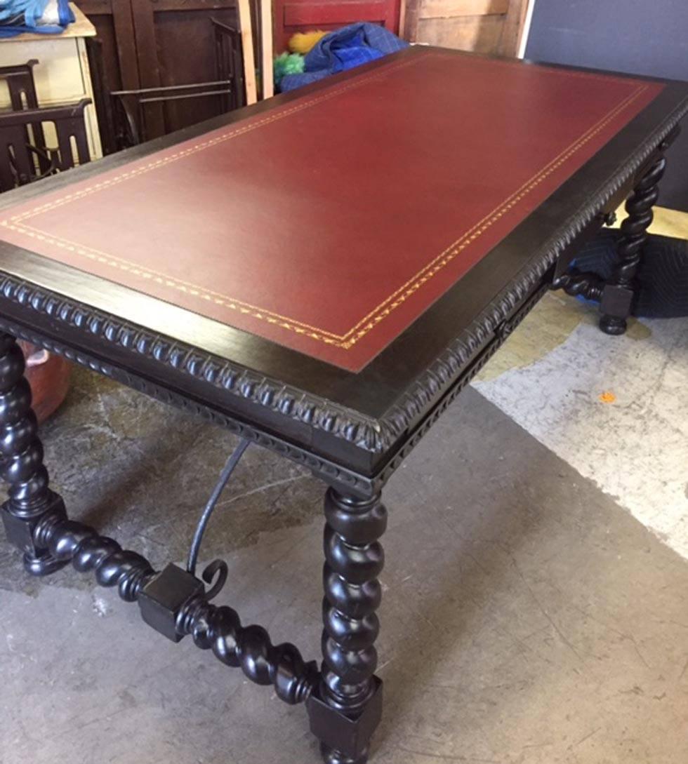 British Colonial Dos Gallos Custom Barley Twist Desk with Leather Insert and Iron Stretcher