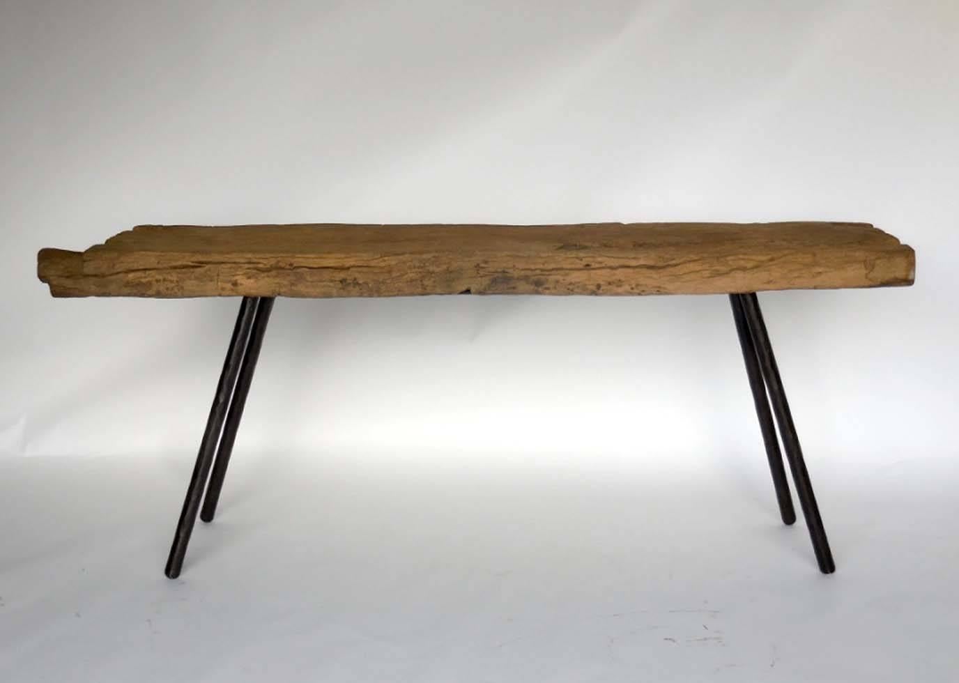Rustic Japanese Wooden Trough Console with Hand Forged Iron Legs In Good Condition In Los Angeles, CA