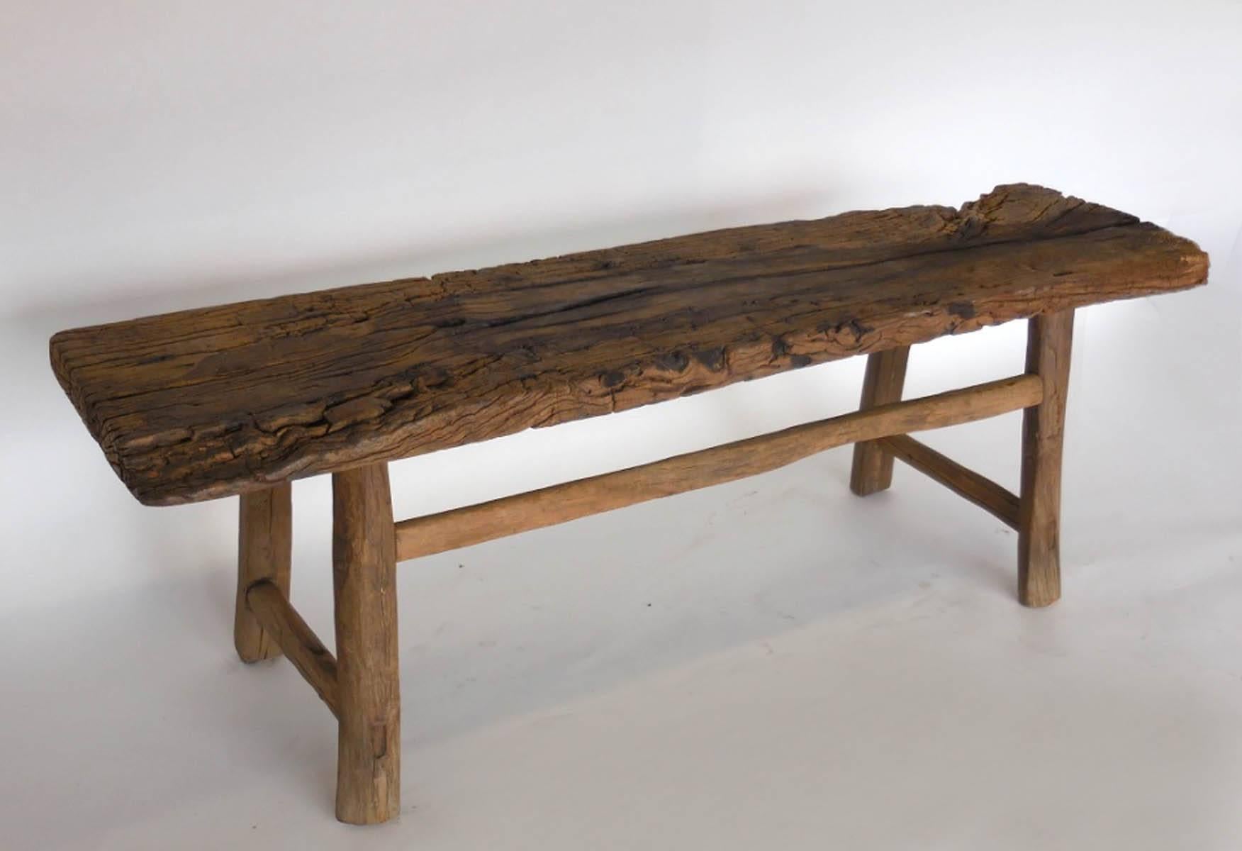 Primitive Early Chestnut Bench with Branch Stretcher