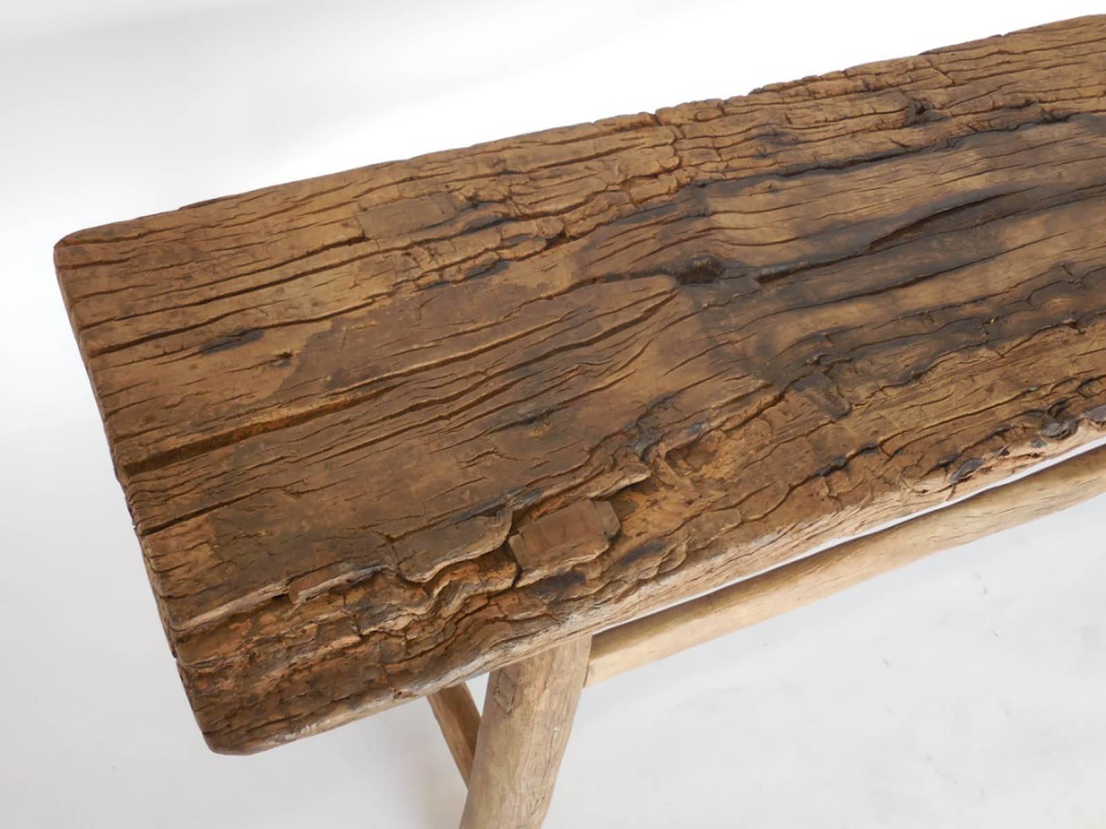 19th Century Early Chestnut Bench with Branch Stretcher