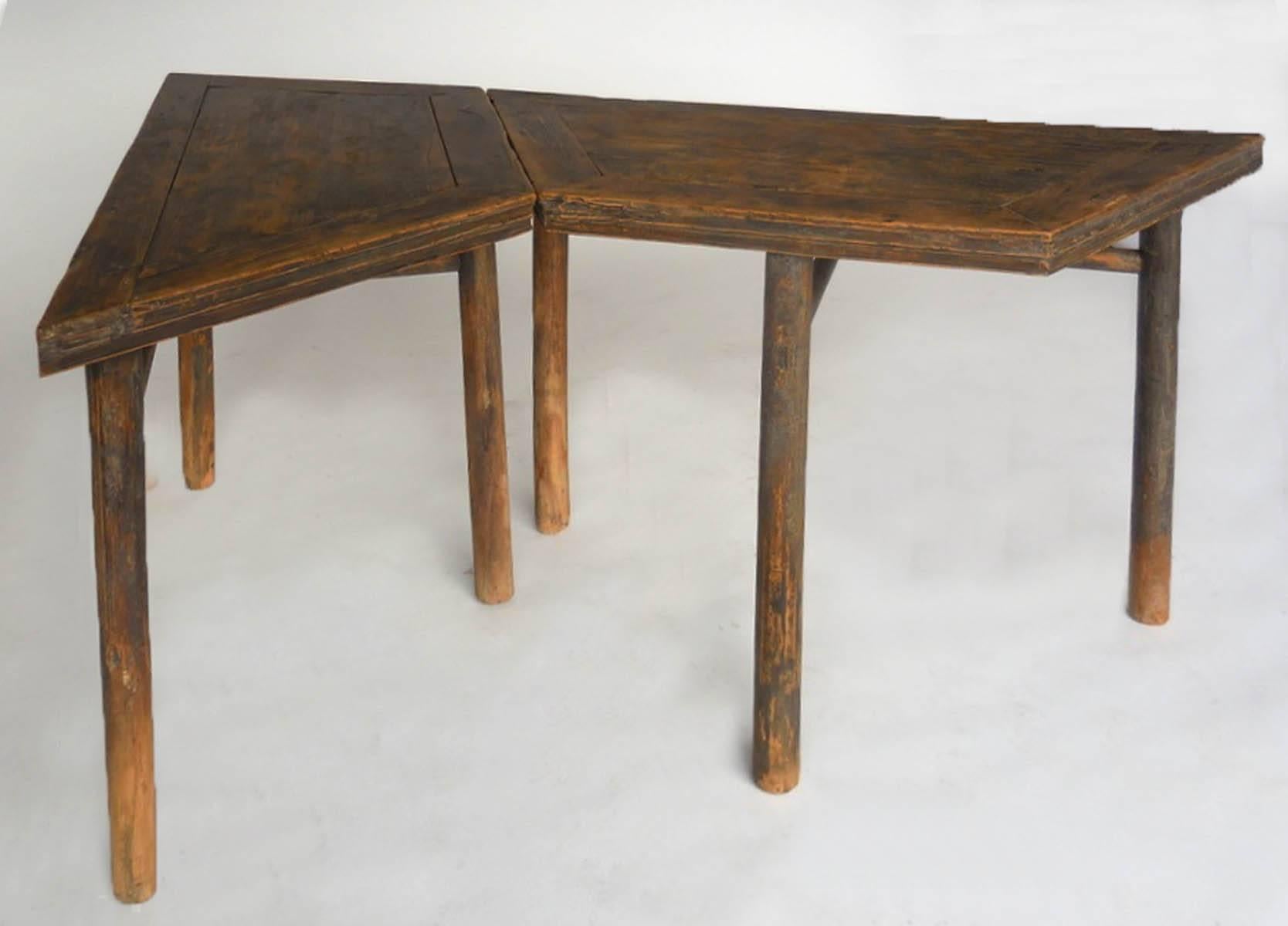 Elm Pair of 19th Century Chinese Modular Demilune Tables