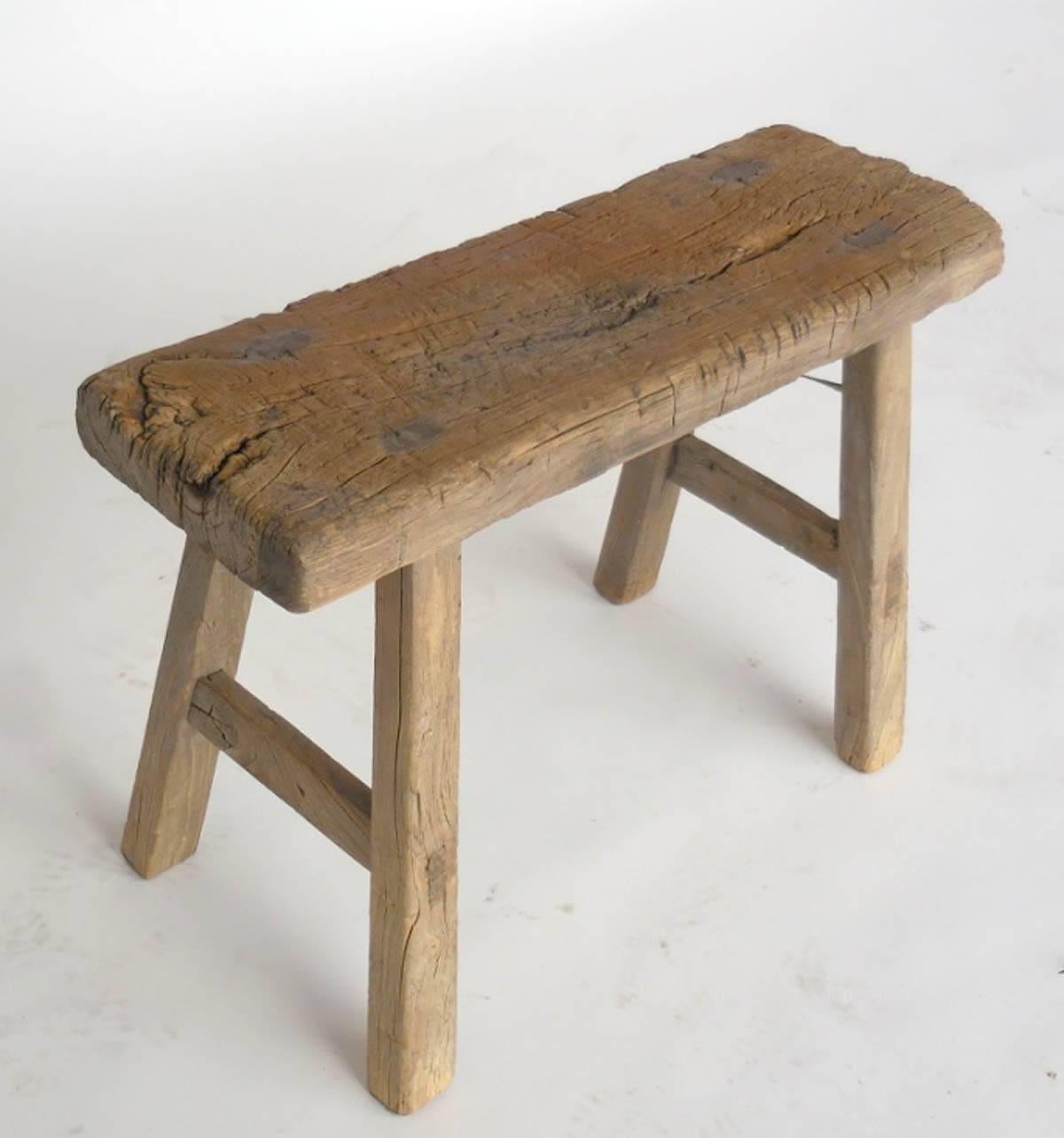 Primitive 19th Century Chinese Bench or Stool in Elm Wood