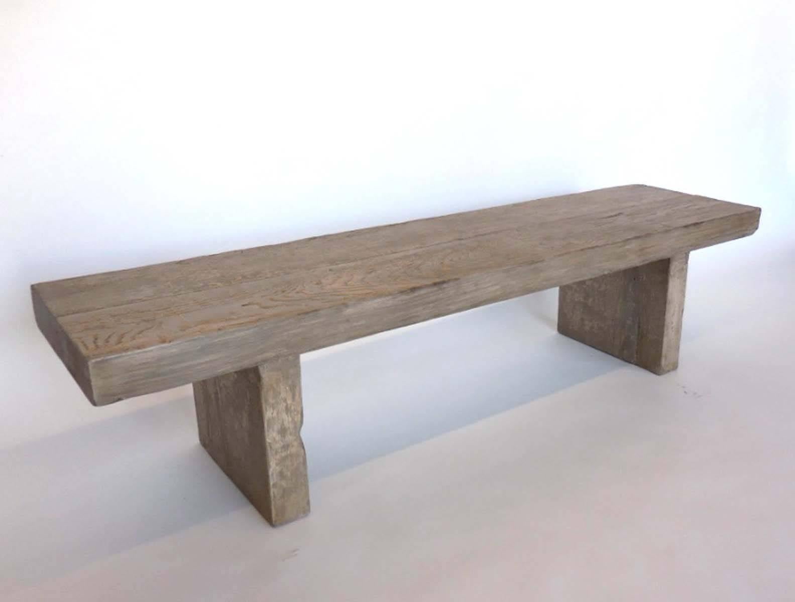 Custom bench in 100 year old 3 inch thick Douglas fir. Applied finish in dove grey. This bench is customizable in dimensions and finish. 