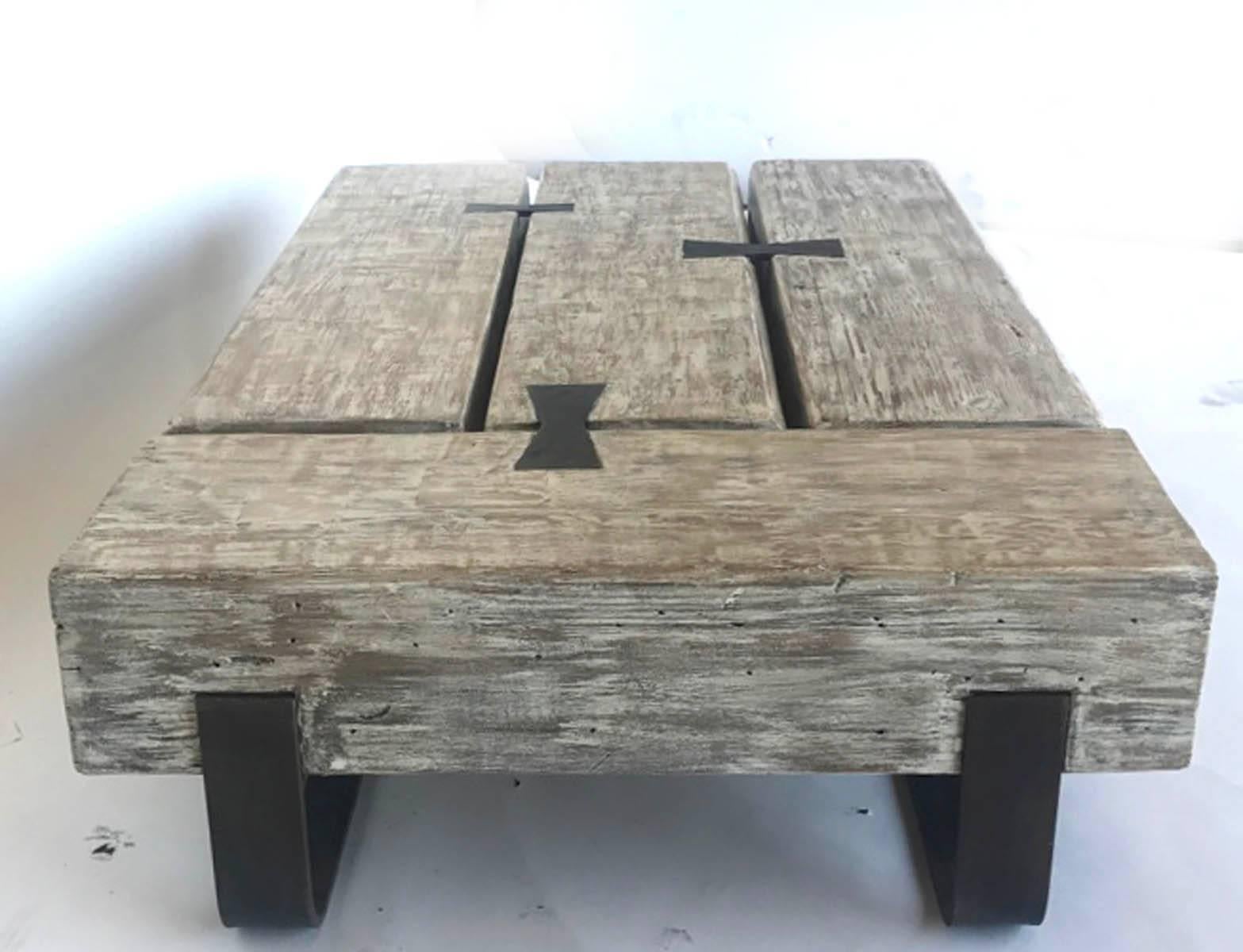 Rustic Reclaimed Beam Coffee Table with Iron Base by Dos Gallos Studio