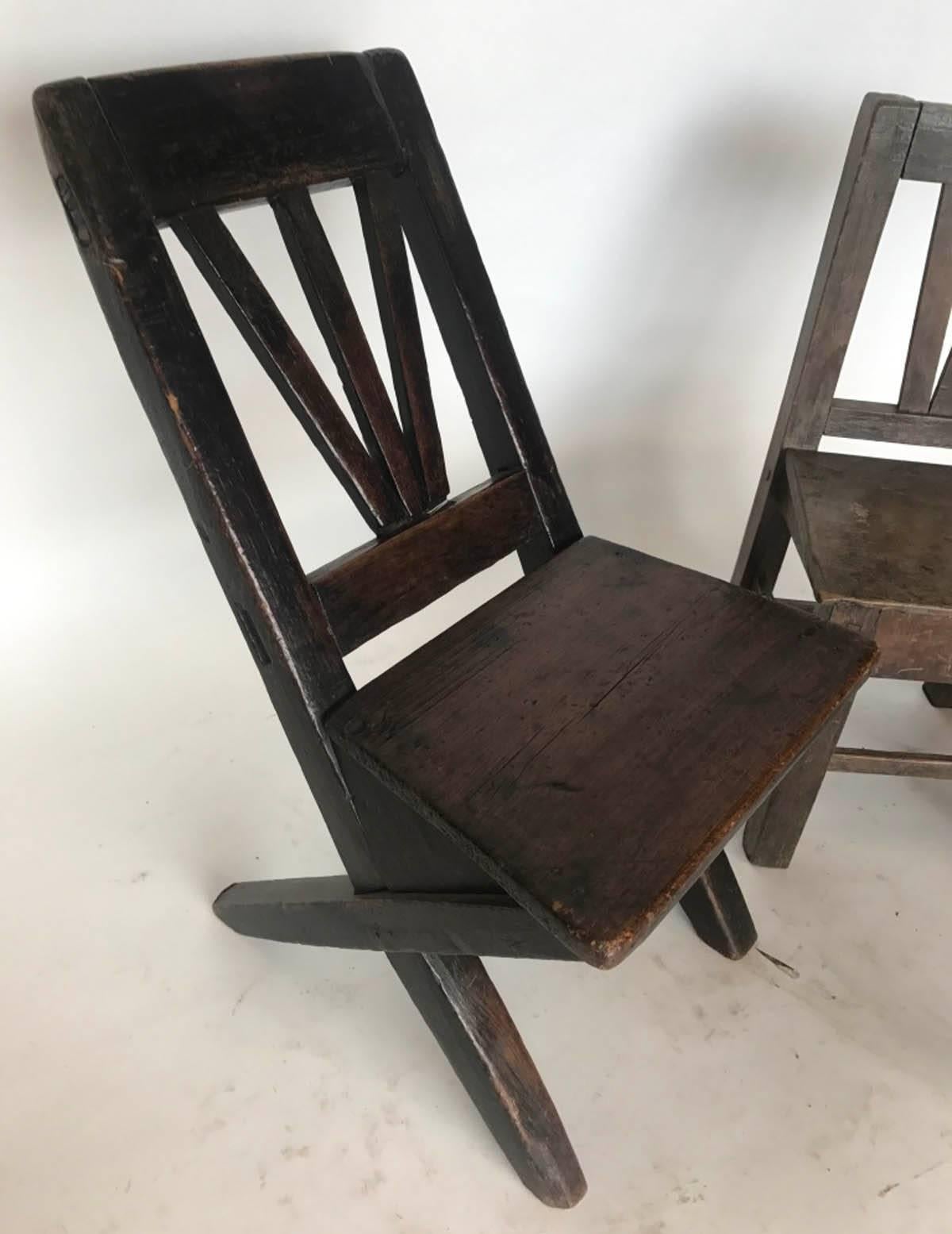 Early  20th century wooden kids' chairs and one milk stool. Sturdy and functional and fun!!!
Great patina on all. Sold separately.  Stool has sold and chair on the right. 