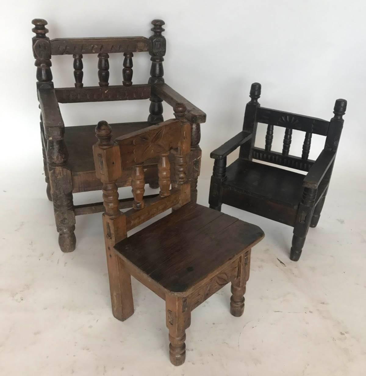 Petite carved and turned kids' chairs from the highlands of Guatemala. All different. Others available in a variety of styles. Can be sold separately.
front 11.5 x 9.5 x 18 H sear 9 $500
back left 16 x 15 x 23 H seat 10.5 $845
back right 12 x