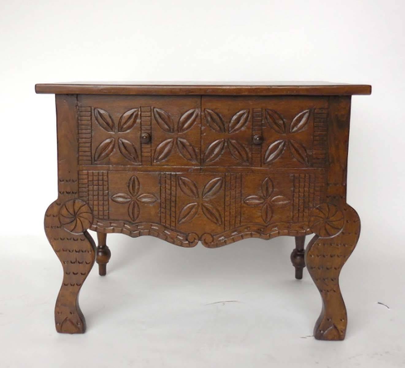 Custom carved console as shown here as a vanity, in walnut #2 in a light distress. Design based on a traditional Guatemalan Nahuala (animal spirit) table.
Can be made custom in any size and finish in walnut. Handmade in Los Angeles by Dos Gallos