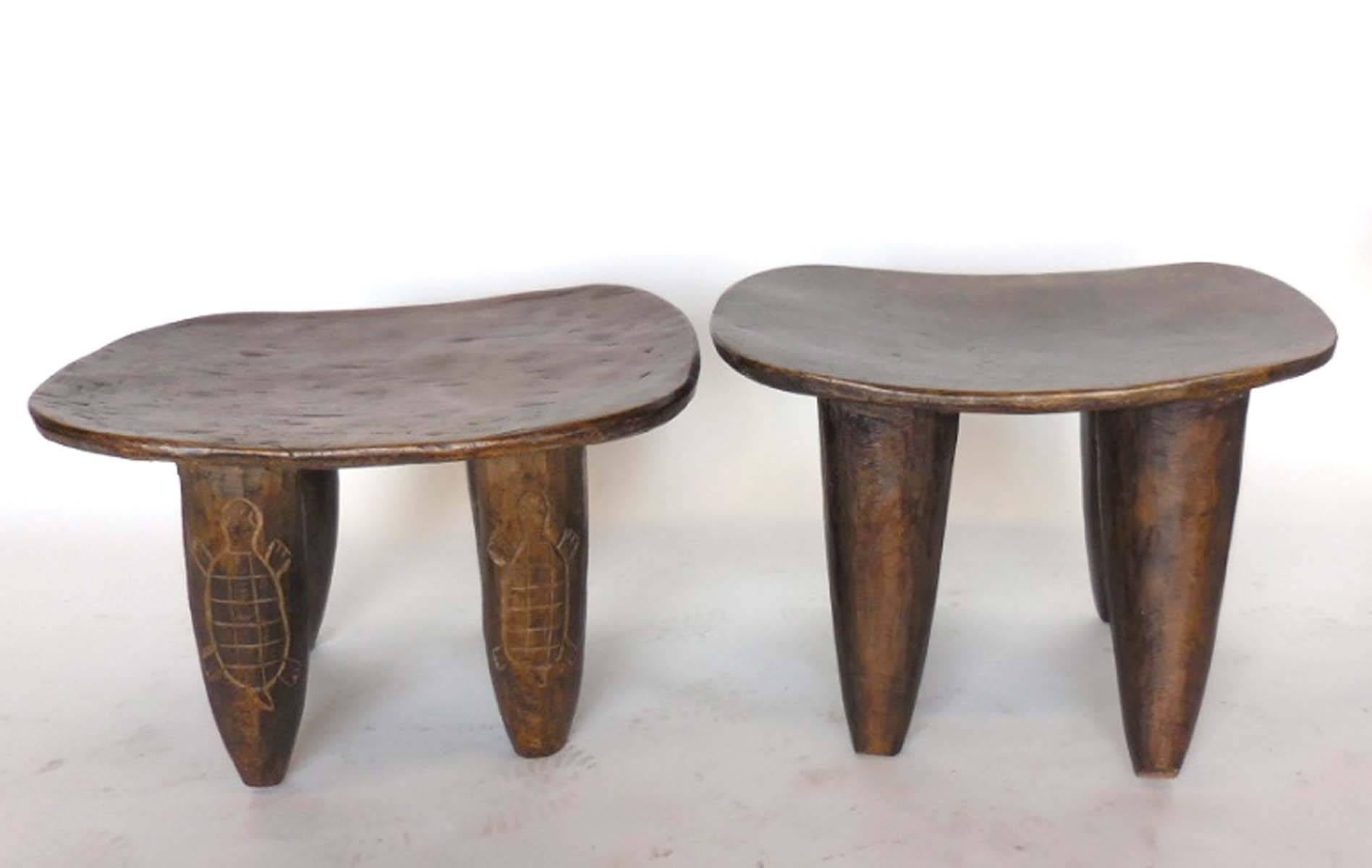ONLY LEFT ONE AVAILABLE. Hand-carved stool or small side table from the Senufo tribe of Mali. Each stool is hand-carved out of one piece of wood, early 20th century. 
Left measures 22.5 x 18.75 x 14.75

