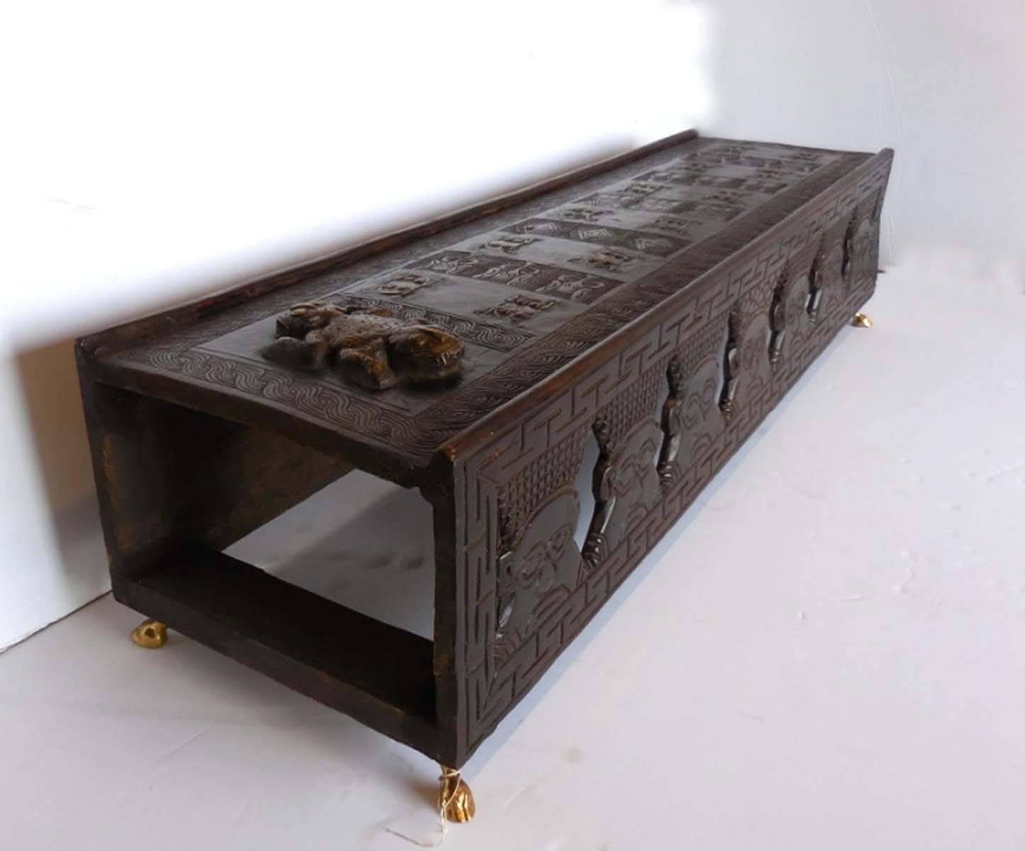 Cameroonian Hand-Carved African Bamileke Child's Bed, Bench or Coffee Table