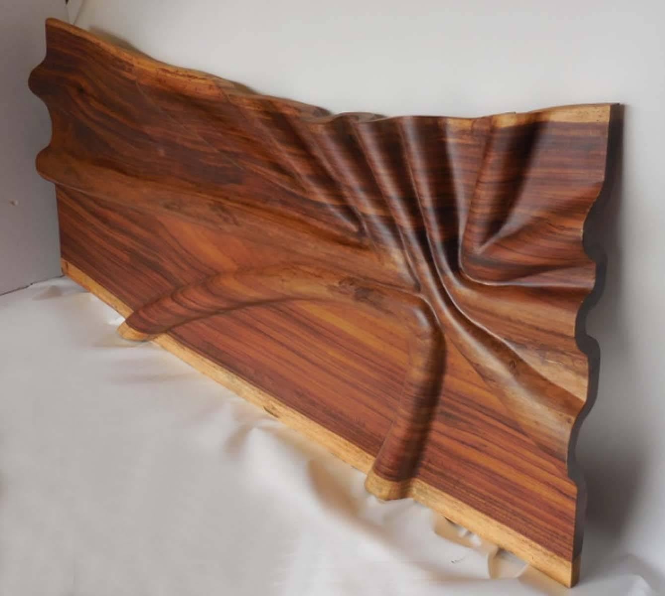Hand-carved tropical wood sculpture or headboard with undulating design. Live edge conacaste wood with natural variegated graining and colors, from light to dark. Slab is 1.5 inch thick and undulates to a total depth of four inches at some places.