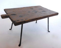 Set of Four Antique Wooden Small Tray Tables with Forged Iron Legs