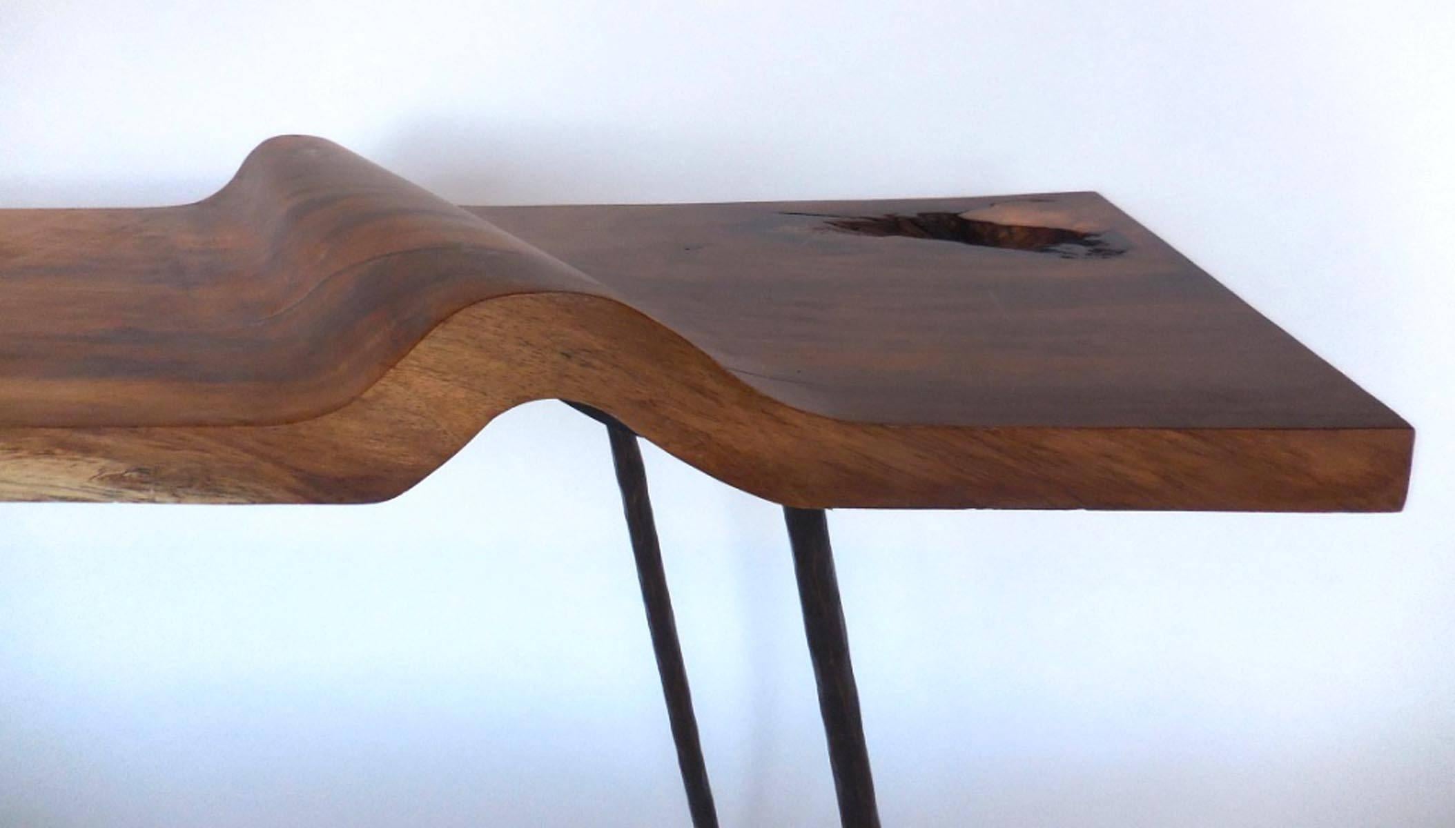 Hand-Carved Modern Undulating Wood and Iron Console
