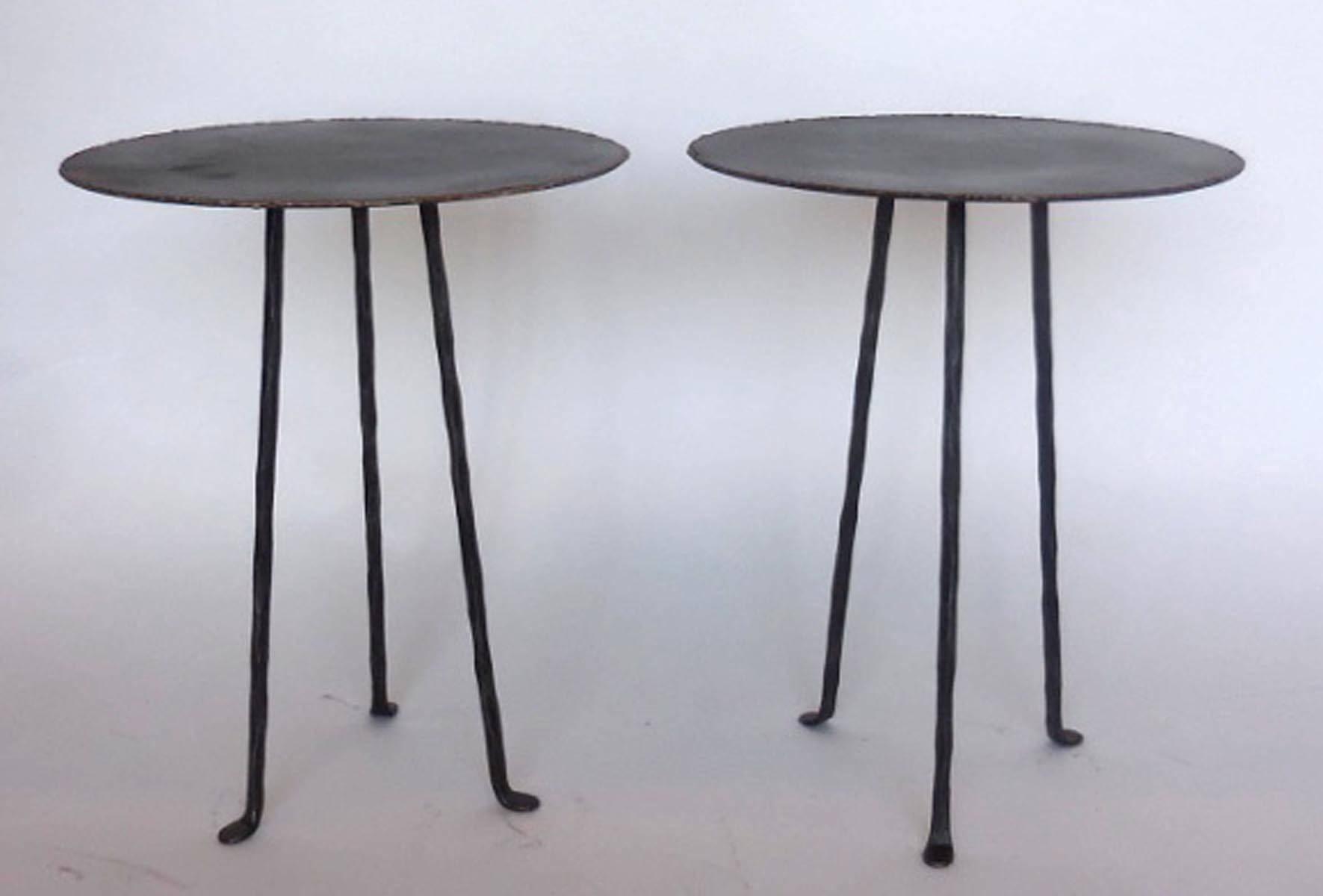 Custom hand-forged iron tripod tables with bronze edging. Can be made in custom sizes, round or square.  Sold separately. Made in Los Angeles by Dos Gallos Studio.
CUSTOM PRICES ARE SUBJECT TO CHANGE. PLEASE INQUIRE BEFORE ORDERING. ALL CUSTOM