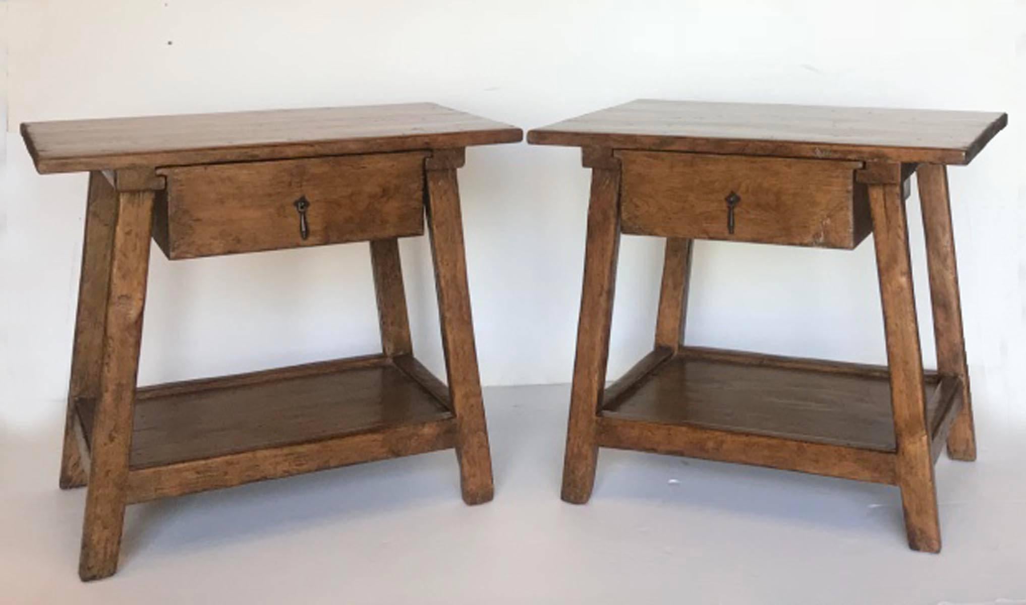 Custom side tables or nightstands with drawer and shelf. Can be made in custom sizes and finishes. As shown, in Alder wood with a Walnut #1 finish and heavy distress. Made in Los Angeles by Dos Gallos Studio. CUSTOM PRICES ARE SUBJECT TO CHANGE.