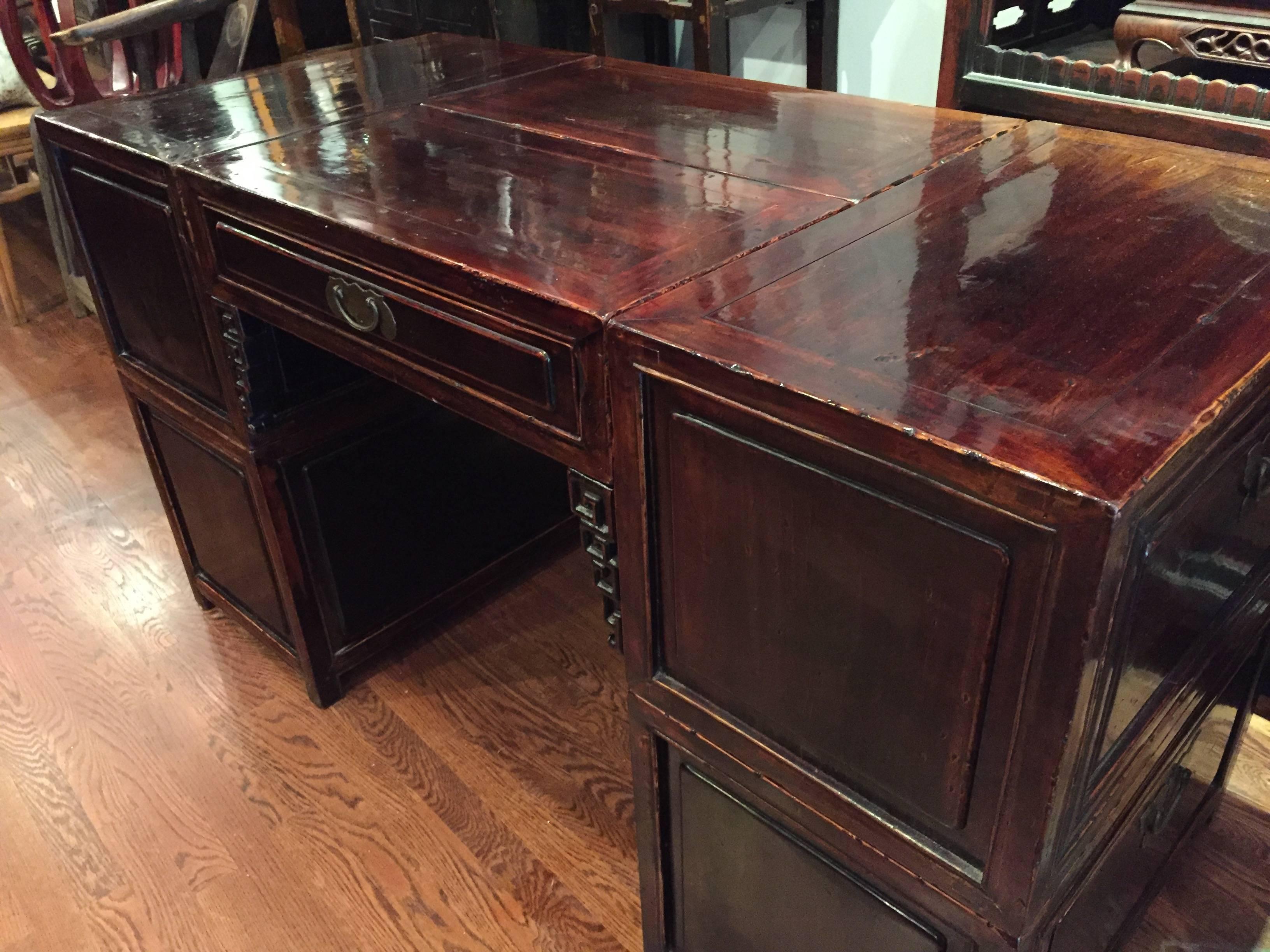 Chinese 19th Century Q'ing Dynasty Six Part Elm Partner's Desk For Sale